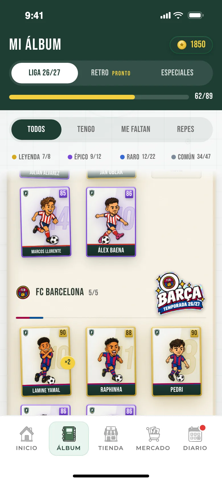 Álbum de la Liga 26/27 ordenado por clubes, con el sticker del Barça pegado