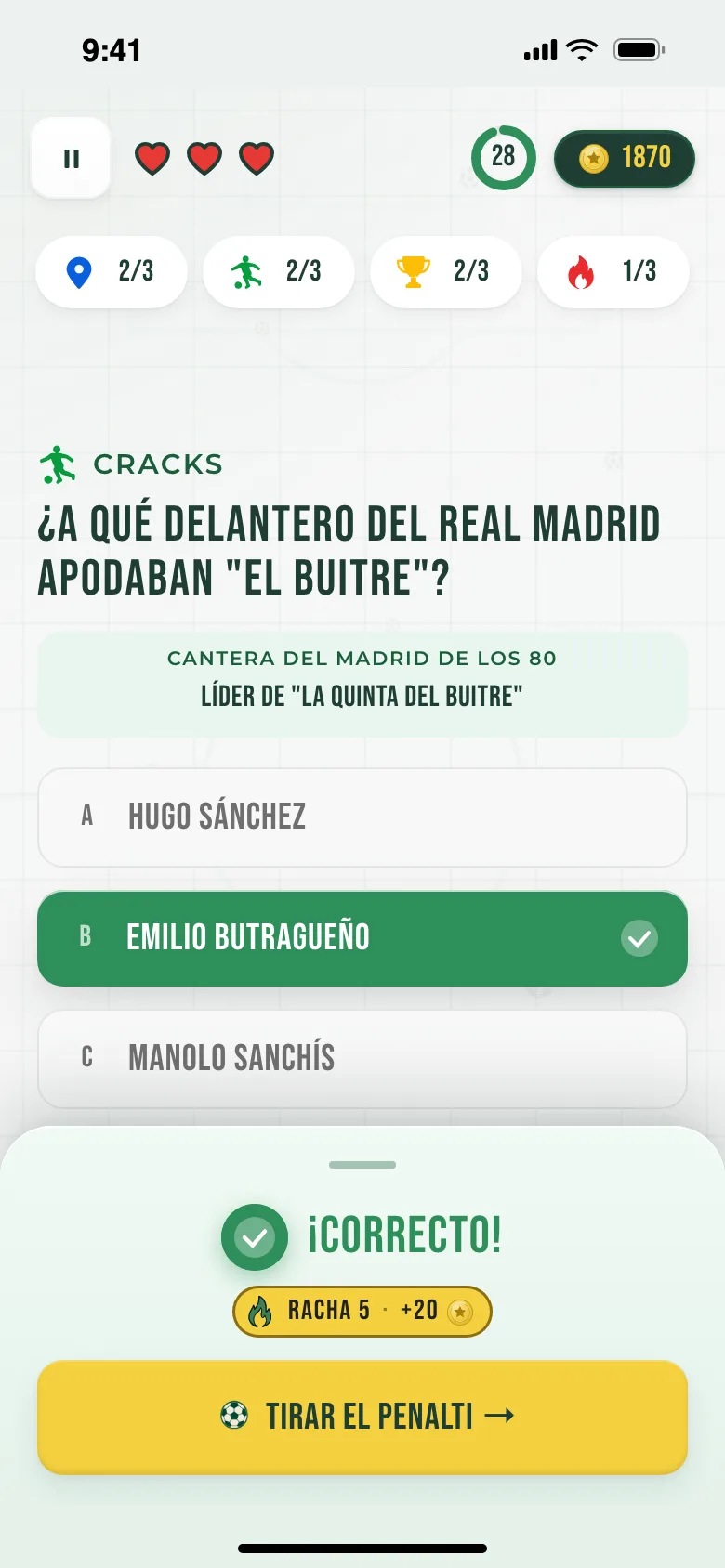 Respuesta correcta con racha de 5 y el botón Tirar el penalti